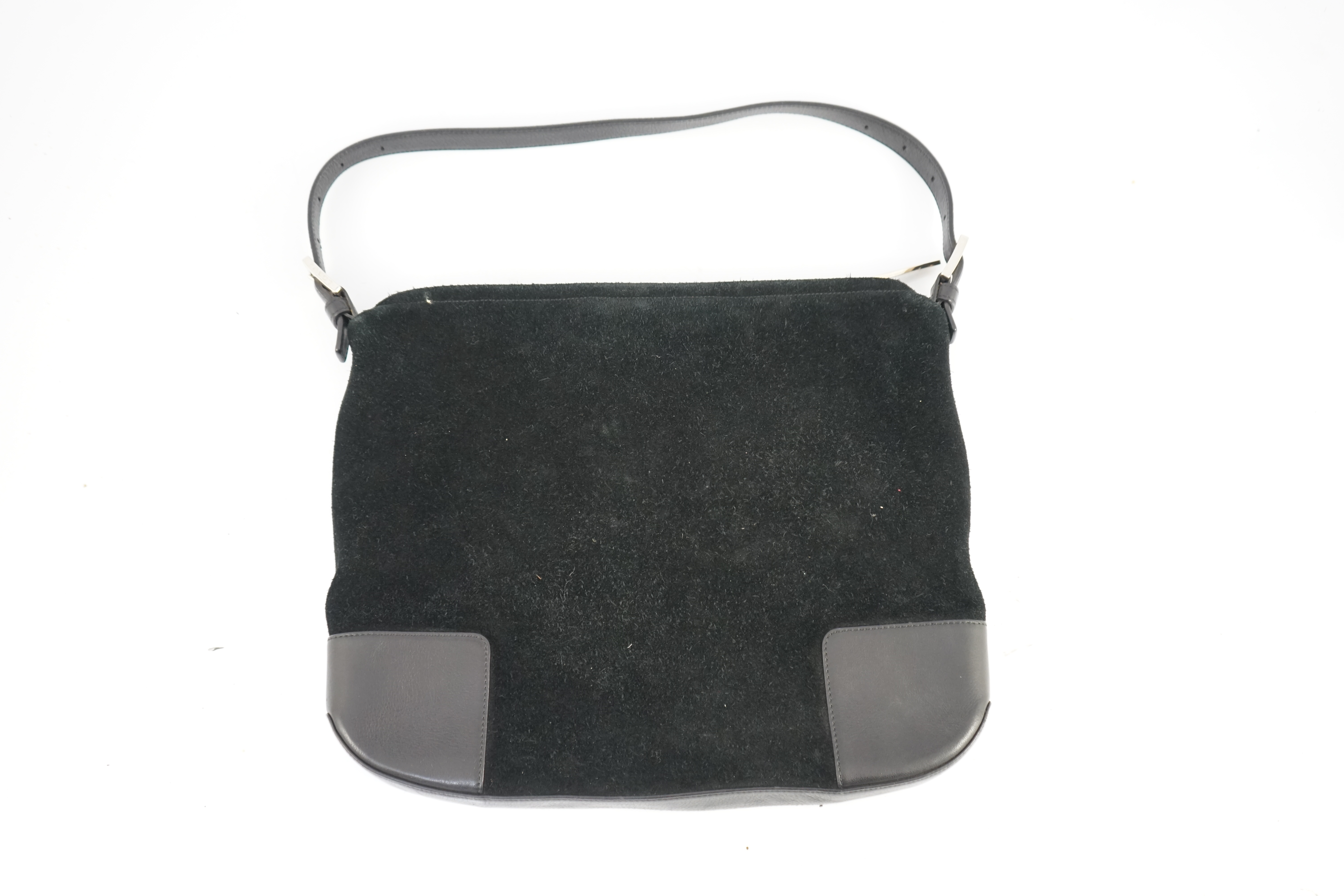 A Loewe black suede and leather shoulder bag and purse, bag width 34cm, depth 3cm, height 28cm, purse width 16.5cm, height 12cm